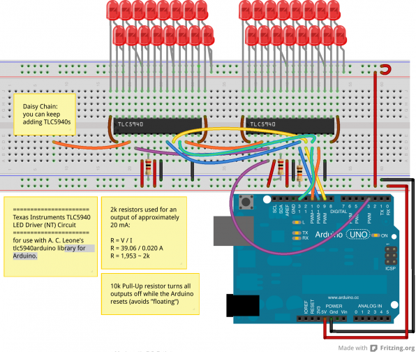 Breadboard wiring of two daisy-chained TLC5940 with an array of LEDs.